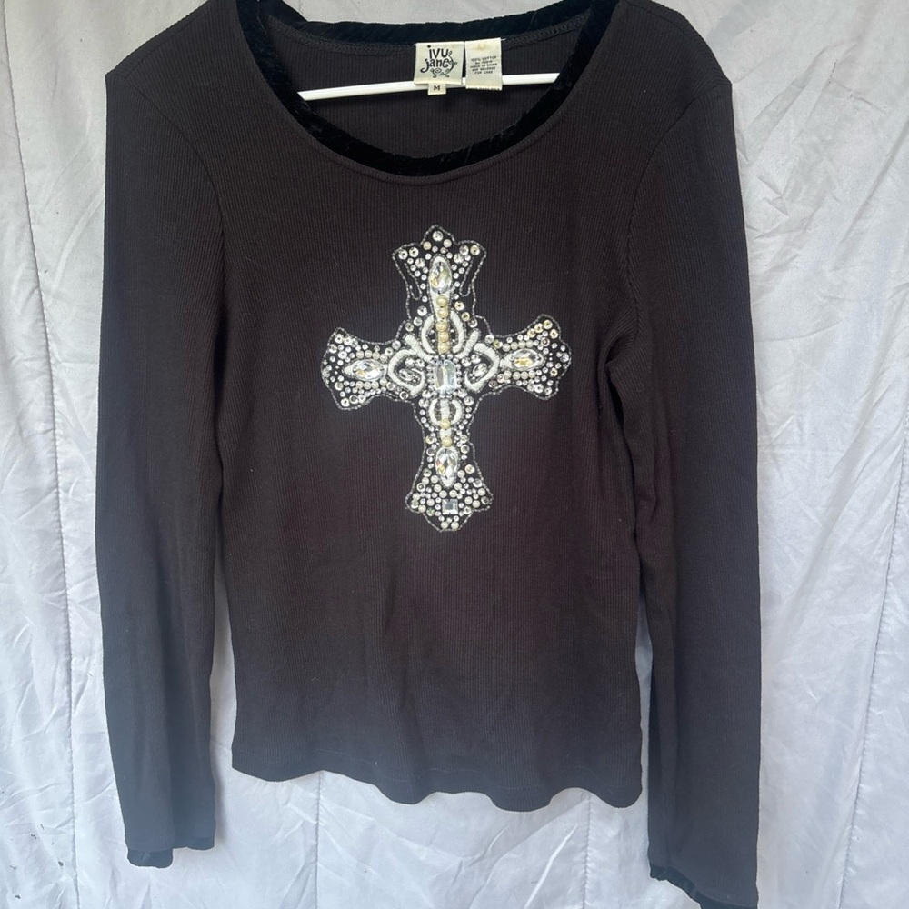 Ivy Jane Black Long Sleeve Top with Embellished Cross